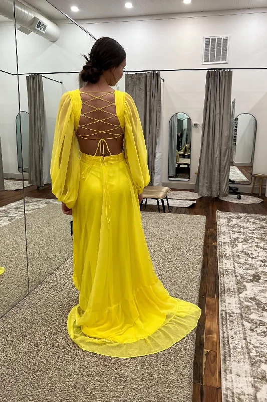 prom dresses for short girlsYellow Chiffon A-line V Neckline Long Sleeves Lace-Up Back Long Prom Dress