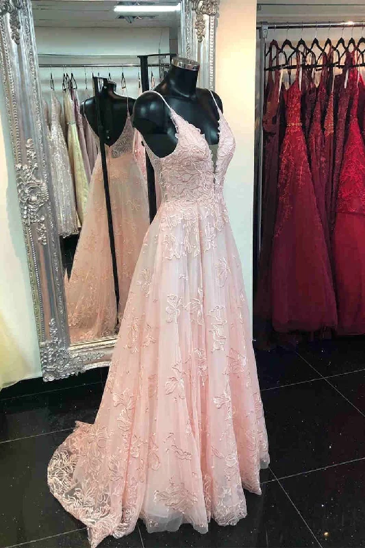 dark prom dressesDeeep V-neck Embroidery Pink Long Prom Dress