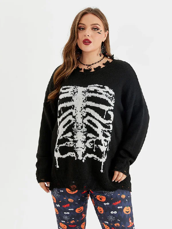 Casual SweatersHalloween Skeleton Pattern Distressed Sweater