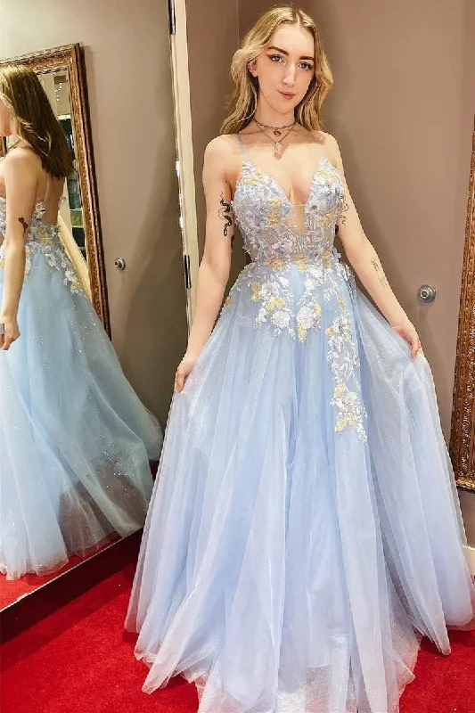 bespoke prom dressesLight Blue Floral Lace Open Back A-Line Prom Dress