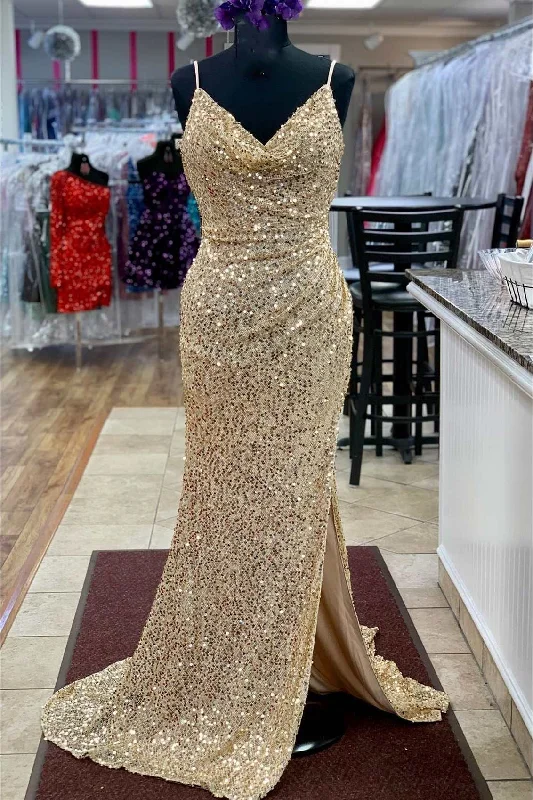 elegant prom dressesChampagne Sequin Cowl Back Mermaid Long Prom Dress with Slit