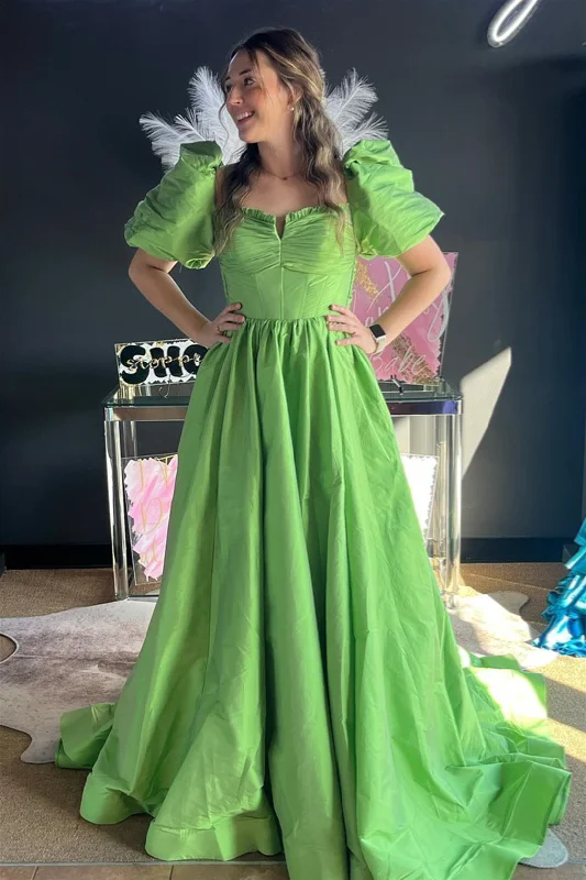 prom dress shopping tipsGreen Ruffled Puff Sleeves Satin Long Prom Dress