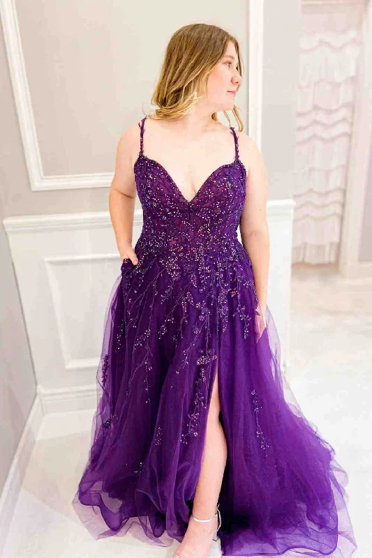 mini prom dressesPurple A-line V Neck Applique Sequins Tulle Long Prom Dress