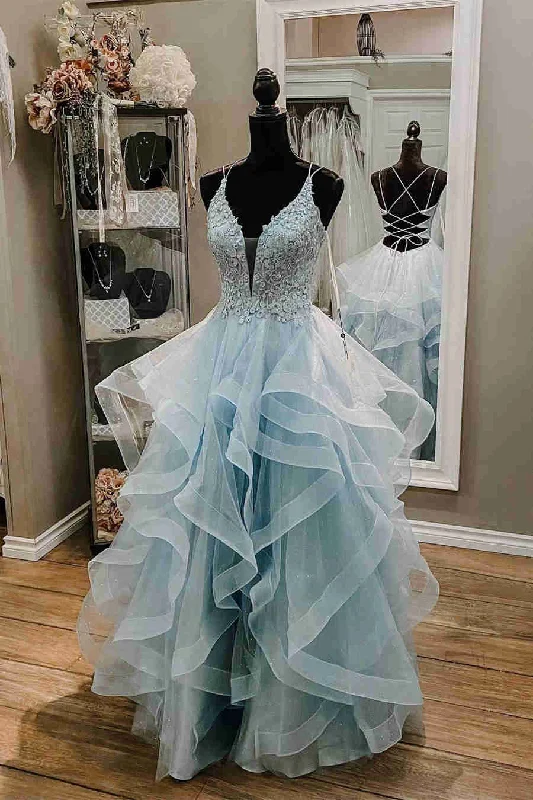 cap sleeve prom dressesStraps Light Sky Blue Prom Dress with Ruffles