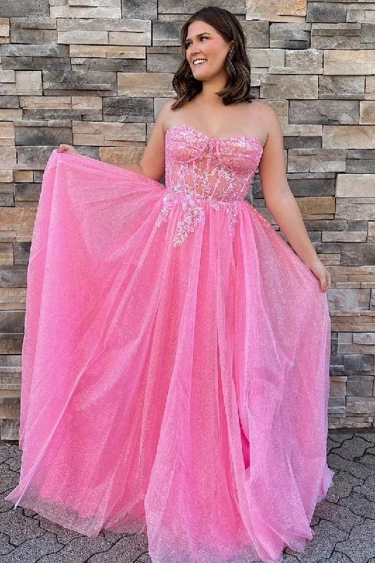 prom dresses with lace appliquésGlitter Strapless Hot Pink Appliques A-Line Prom Dress