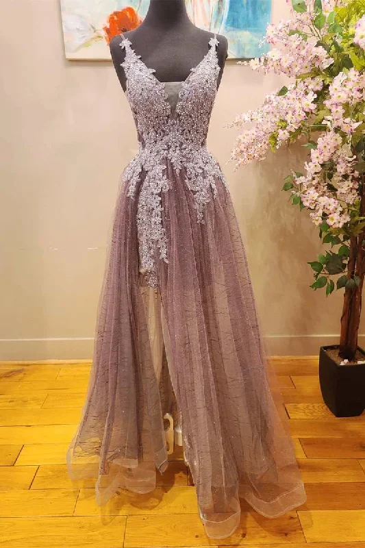 flutter sleeve prom dressesMauve Tulle Lace Plunge V A-Line Prom Dress with Slit