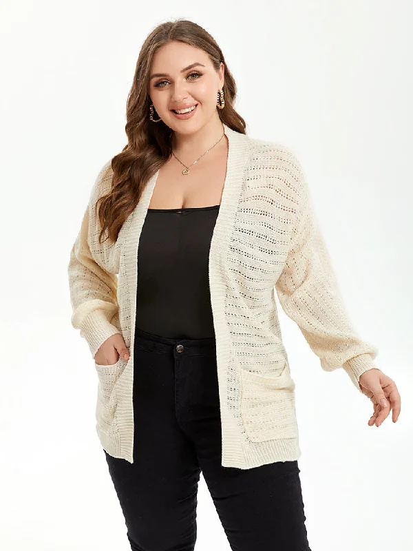 Fashionable Funky Hooded Cashmere SweatersPointelle Knit Drop Shoulder Pocket Cardigan