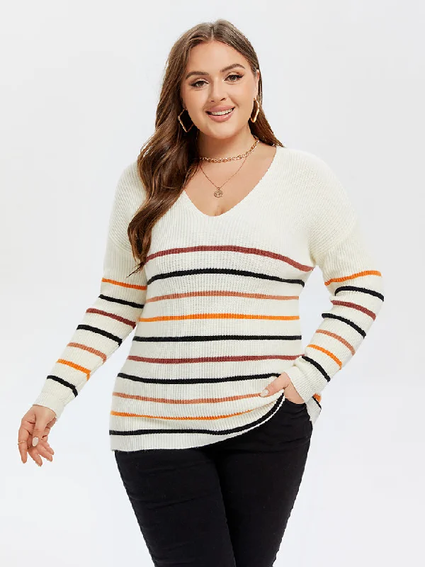 Soft Knitted SweatersStriped Pattern V-Neck Drop Shoulder Sweater