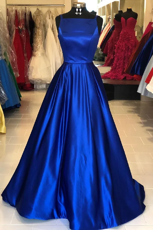 pastel prom dressesHollow Out Royal Blue Satin Long Prom Dress