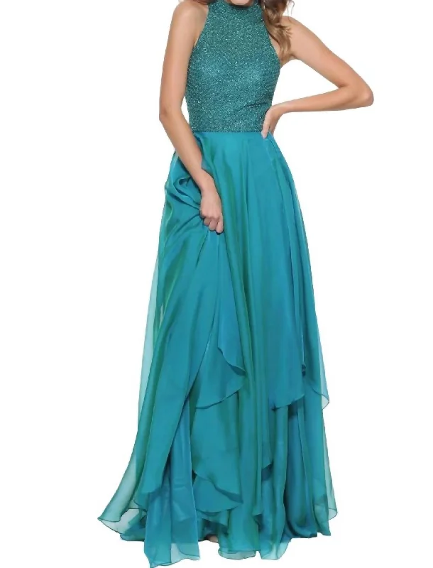 prom dresses with lace appliquésHalter Prom Dress In Jade