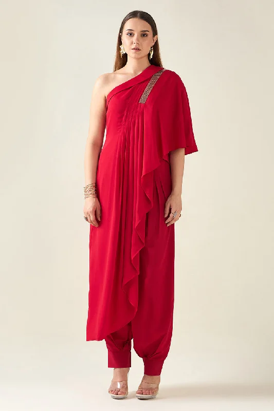 Red Embellished Drape Tunic & Pant Co-Ord Set