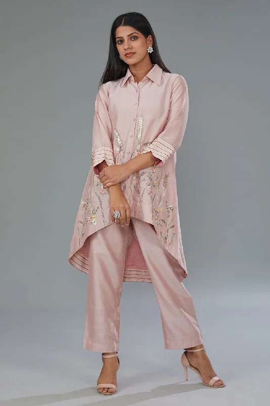 Pink Embroidered High-Low Tunic & Pant Set