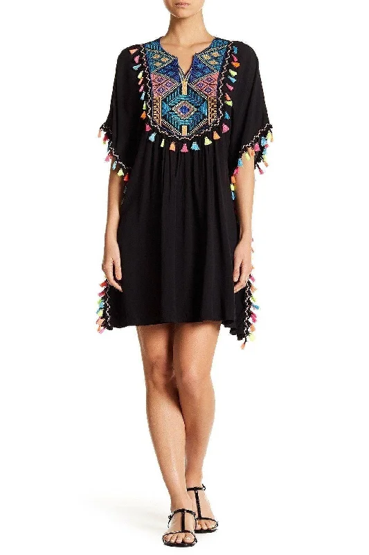 Black Beach Kaftan Style Tunic with Multi Colored Tassels