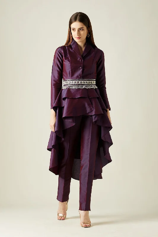 Purple Blazer Tunic Co-Ord Set With Crystal Belt