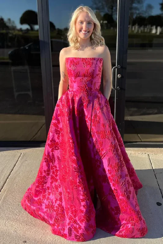 lace prom dressesChic Satin Print Floral Evening Dress,Hot Pink Strapless A Line Prom Dress With Pockets Y8036