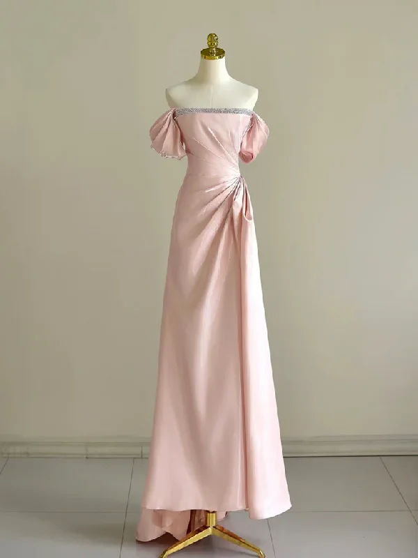 prom dresses for springPretty Off Shoulder Pink Long Prom Dress, Formal Evening Dress With Beads Y8049