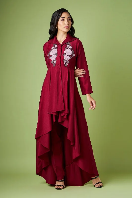 Maroon Embroidered Tunic & Pant Co-Ord Set