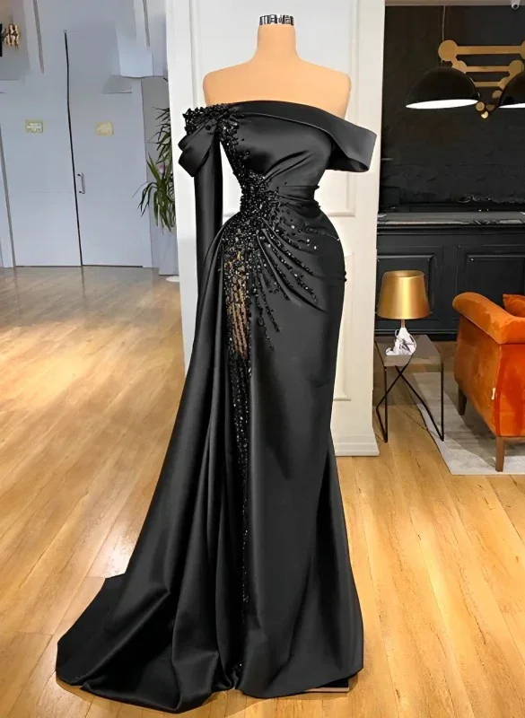 beaded prom dressesFashion Black Beaded Satin Sheath Prom Dress,Off The Shoulder Long Evening Dress Y8030