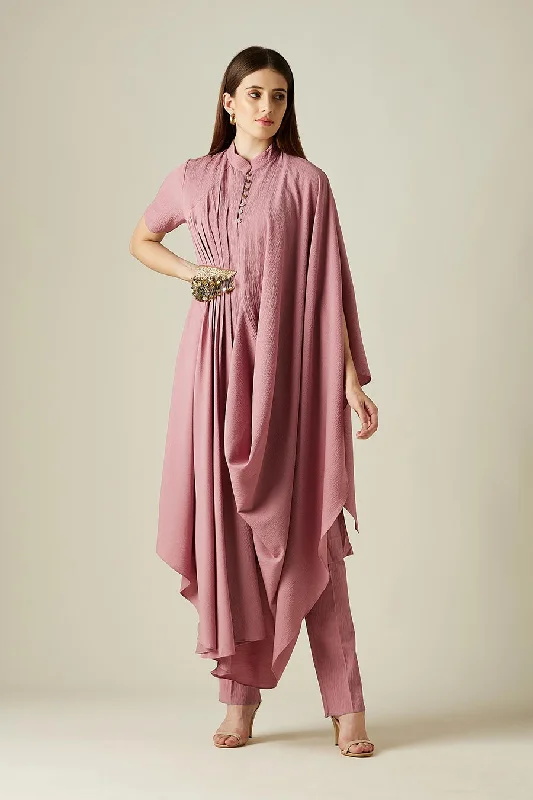 Pink Cowl Drape Tunic Co-Ord Set