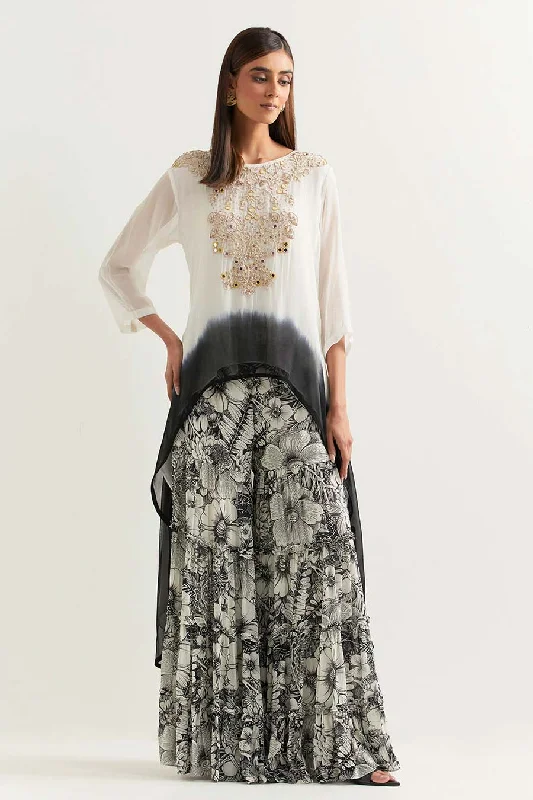 Black & White Embroidered Tunic With Printed Gharara