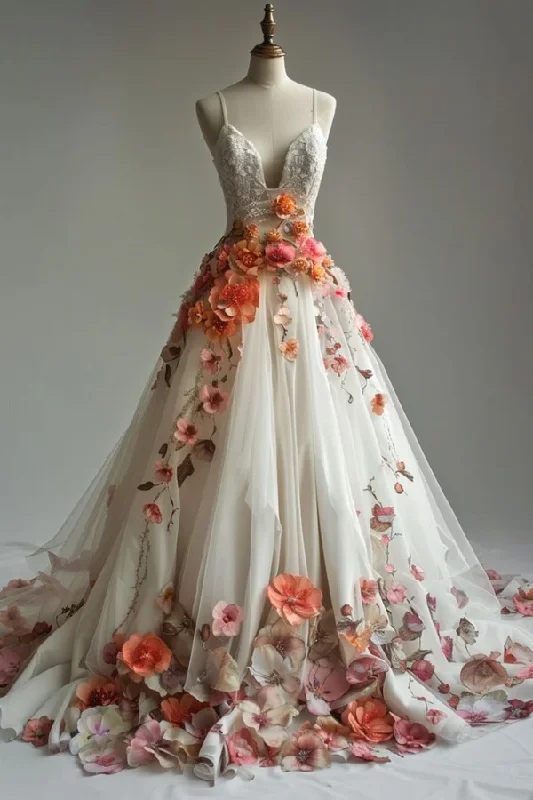 silk prom dressesVintage 3D Flowers Wedding Dress Spaghetti Straps Tulle Appliques Prom Dress Y8033