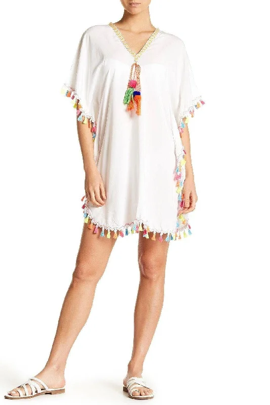 White Kaftan Style Tunic with Multi Colored Tassels and Ties