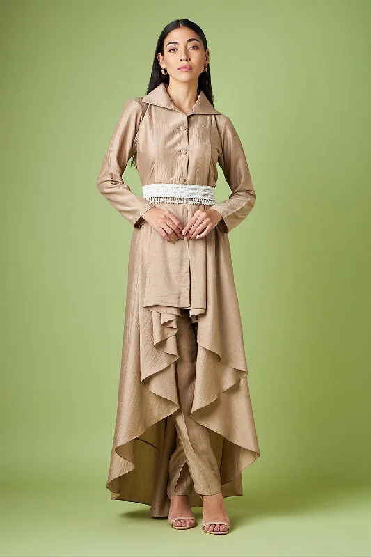 Beige Draped Tunic & Pant Set With Belt