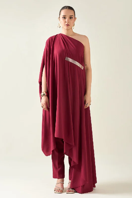 Wine Metallic Embellished Draped Tunic Co-Ord Set