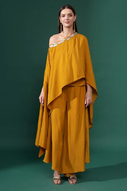 Yellow One-Shoulder Tunic & Flared Pant Set