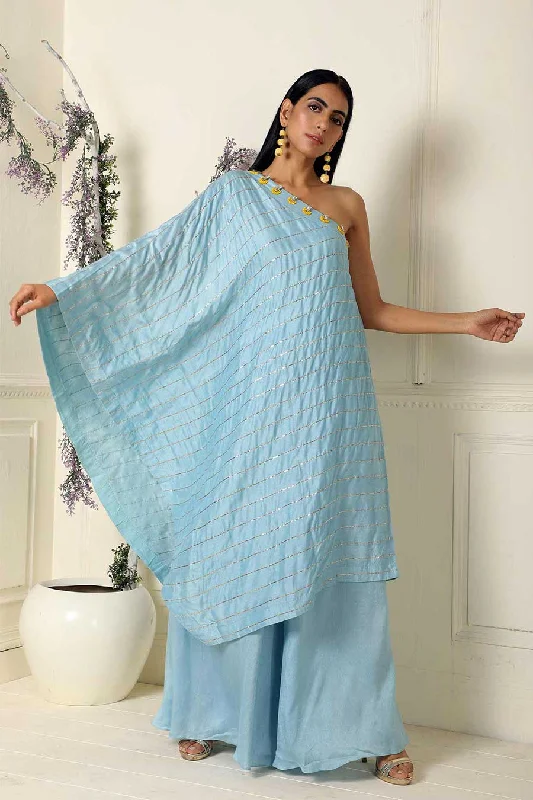 Blue One Shoulder Silk Tunic Palazzo Set