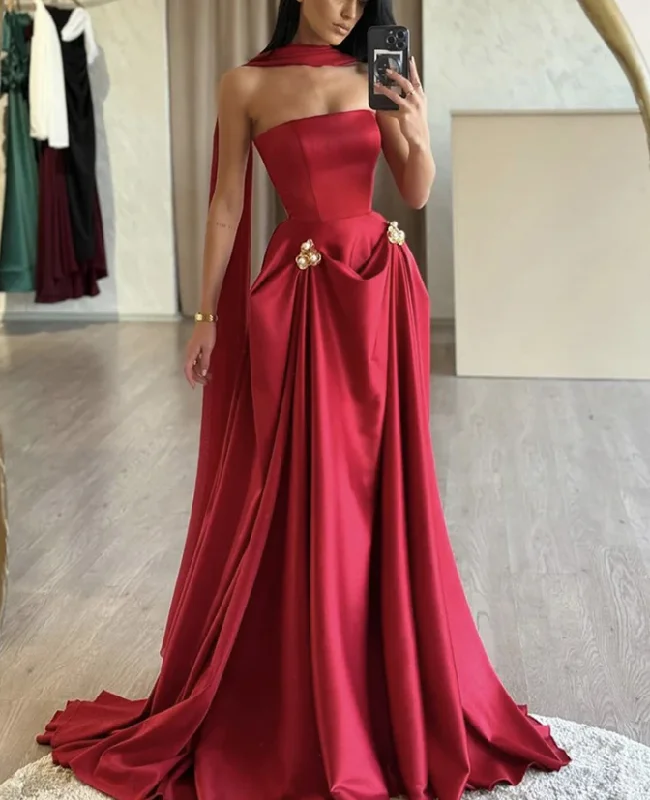 prom dress cleaningCharming A-Line Satin Burgundy Long Prom Dress, Strapless Evening Dress Y8046