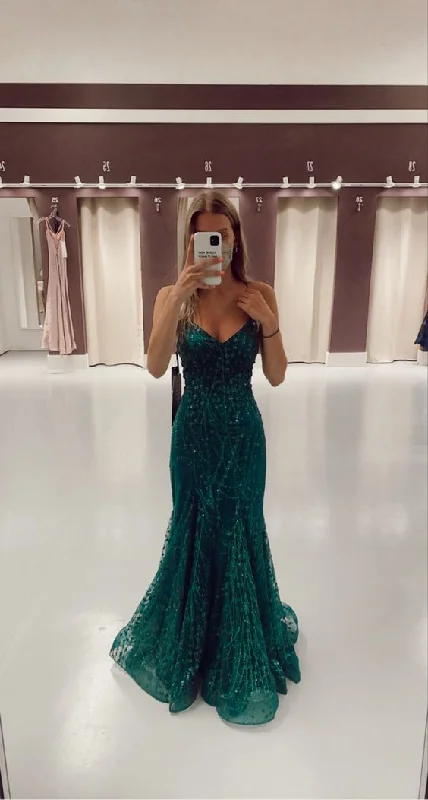 flutter sleeve prom dressesMermaid V Neck Dark Green Prom Dress Stunning Evening Dress Y325