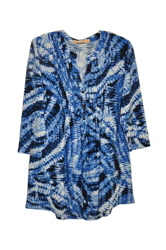 Plus Size La Cera Pleat Front Printed Tunic Tie-Dye Blue