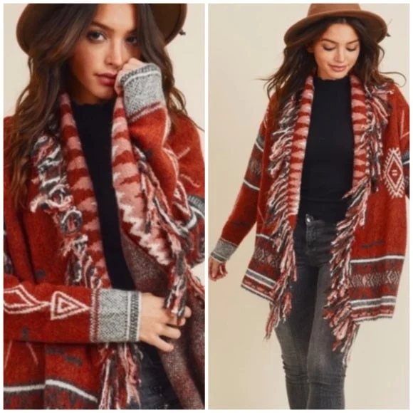 Wholesale Affordable Women's SweatersCowichan Boho Aztec Native Fringe Print Soft Knit Cardigan Sweater Womens