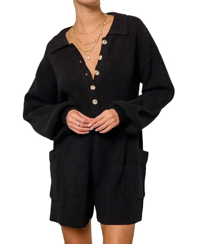 Crewneck SweatersButtoned Sweater Knit Romper In Black