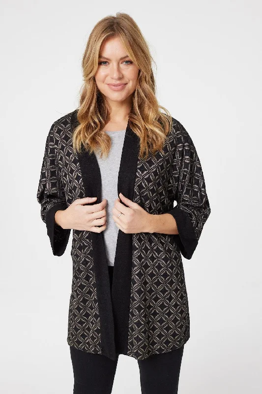 Plus-Size Flannel SweatersGeo Print Open Front Cardigan