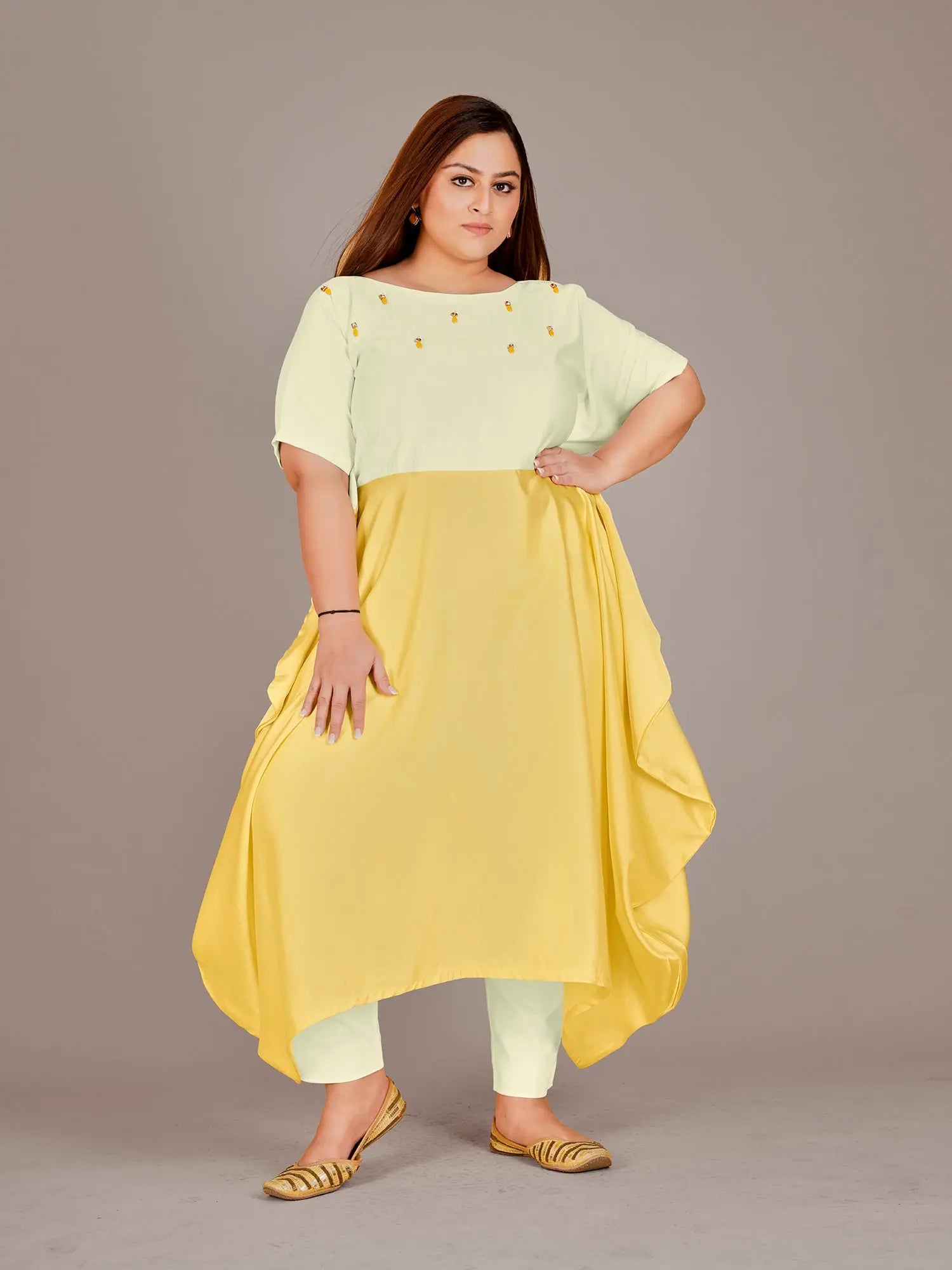 Curvy Lane Stylish Ladies Kaftaan Styled Tunic- White & Yellow