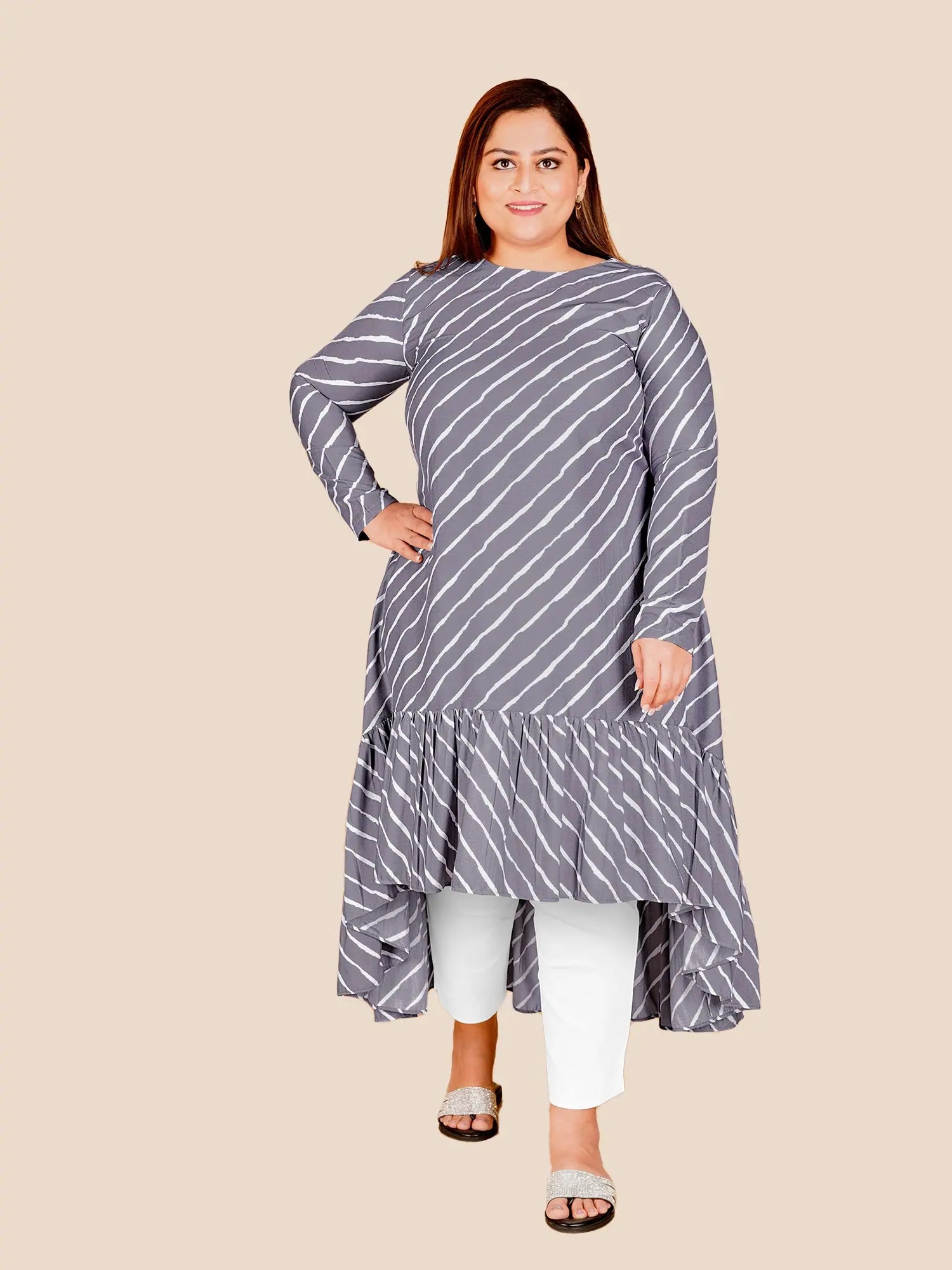 Curvy Lane Stylish Ladies Asymmetrical Leheriya Styled Tunic-Lavender