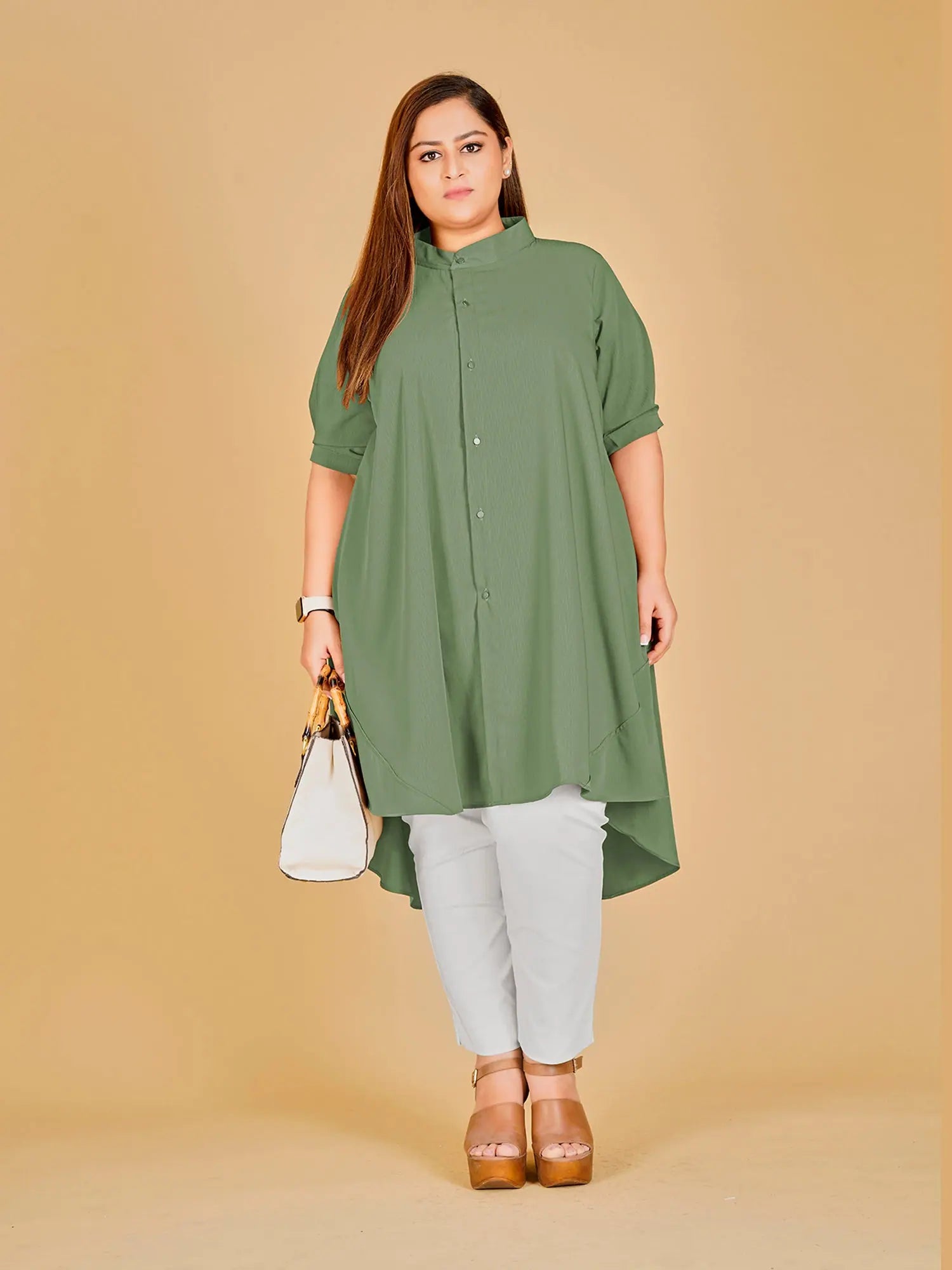 Curvy Lane Stylish Ladies Stand Collar High Low Tunic -Green-CL-OE-002-A-L