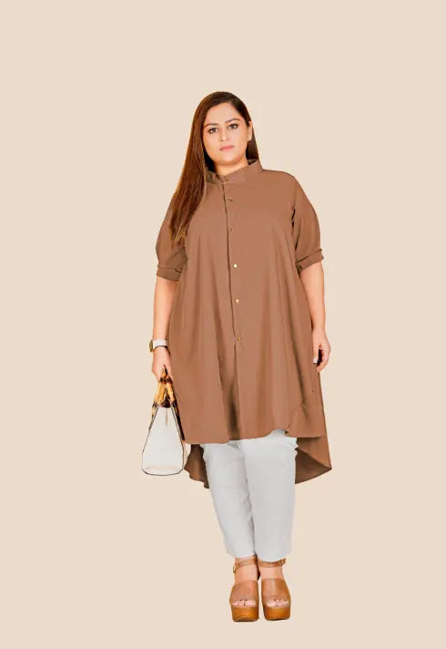 Curvy Lane Stylish Ladies Stand Collar High Low Tunic -Brown