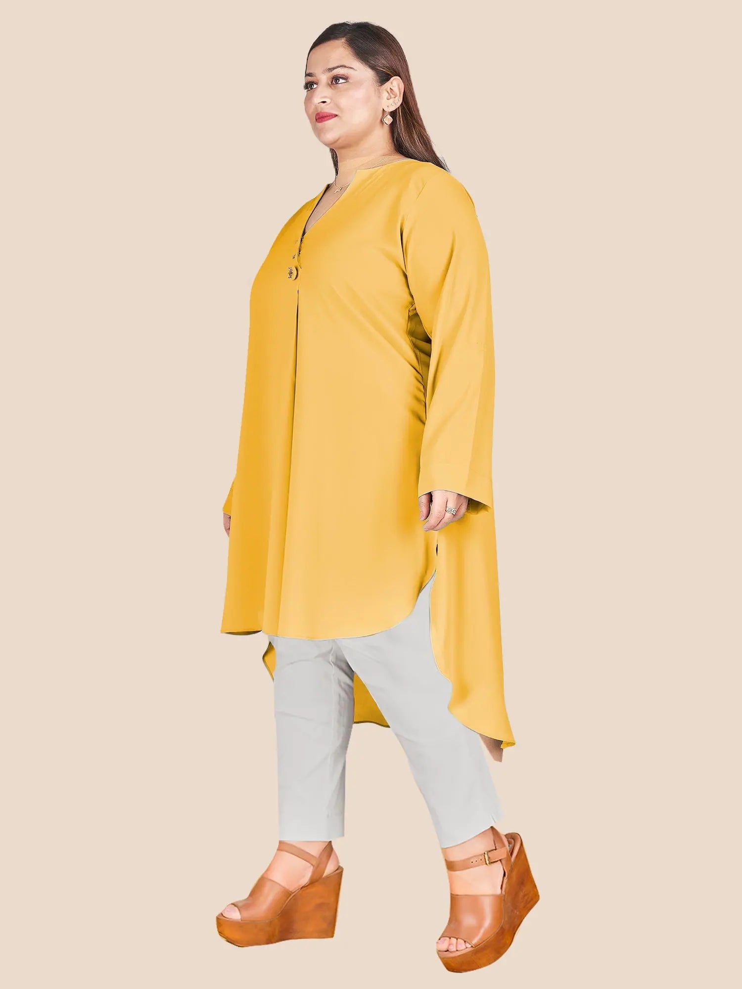 Curvy Lane Stylish Ladies Wrap Style High Low Tunic -Yellow