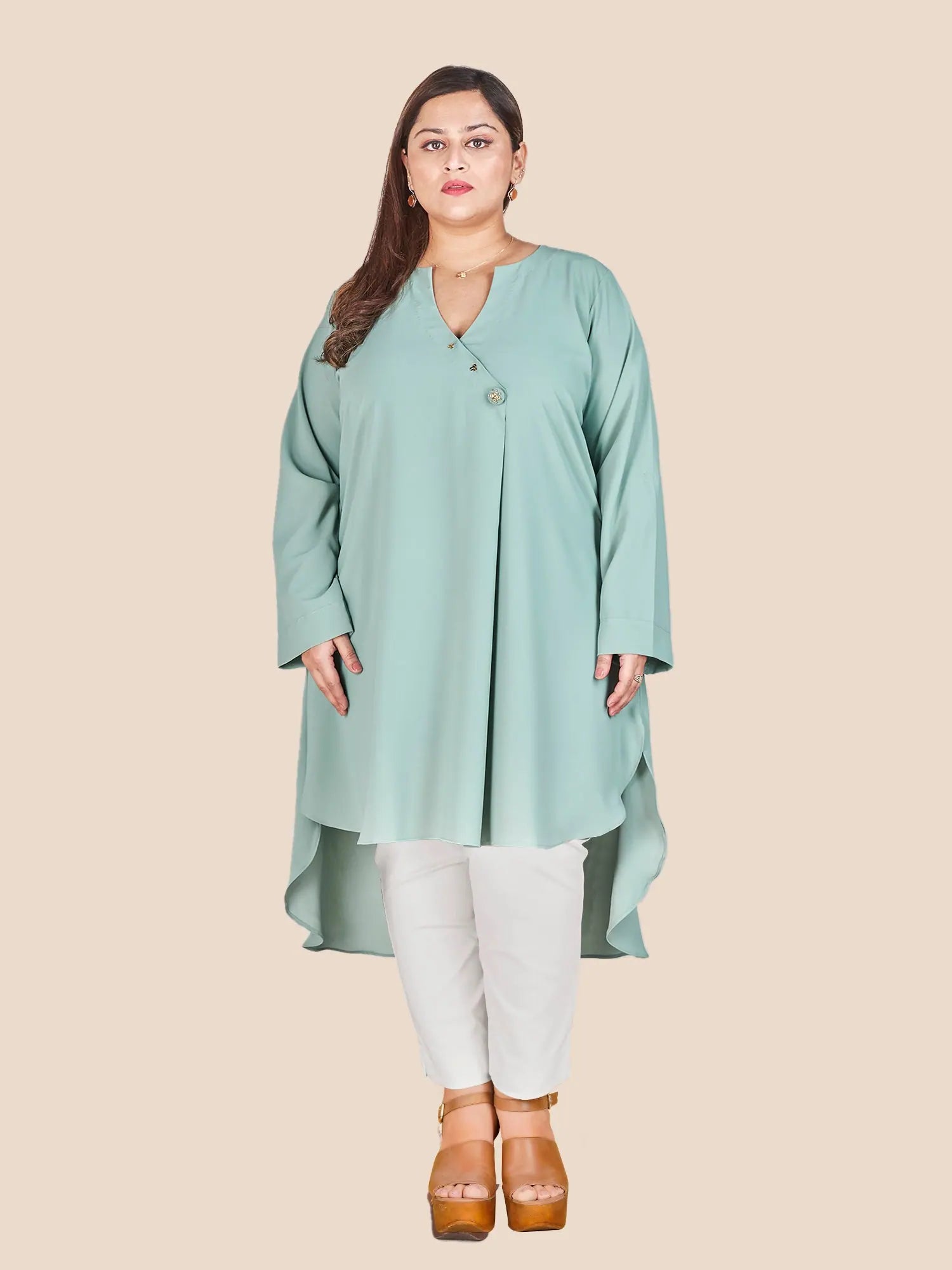 Curvy Lane Stylish Ladies Stand Collar High Low Tunic -Green-CL-OE-003-L