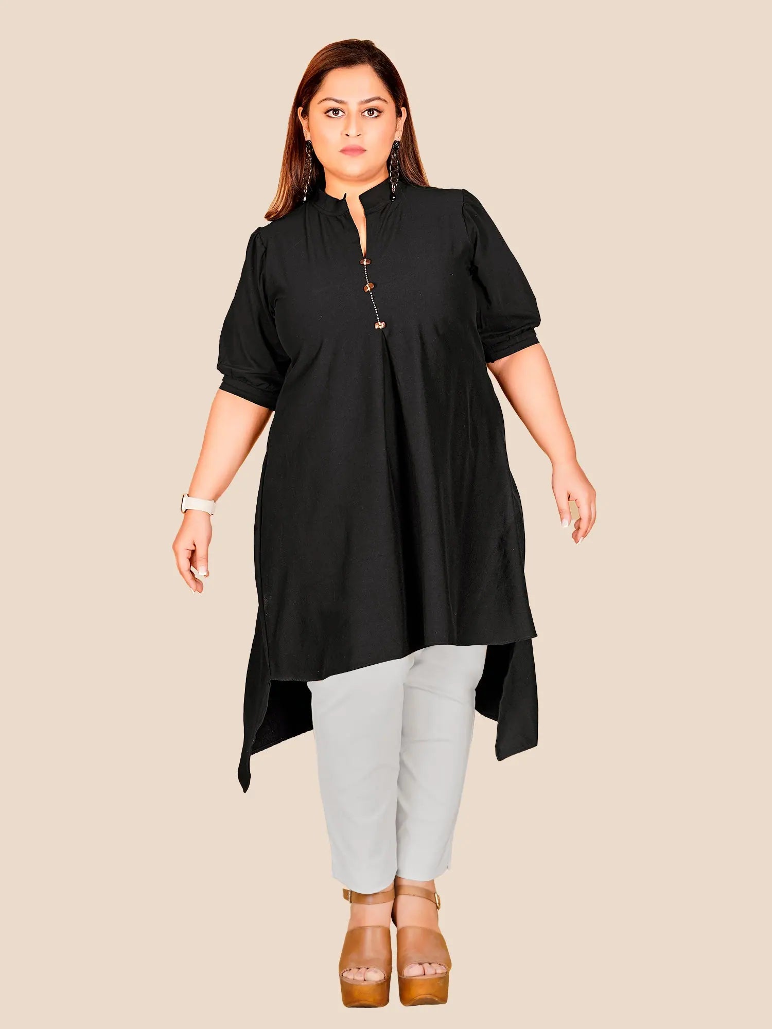 Curvy Lane Stylish Ladies Mandarin Collar High Low Tunic -Black