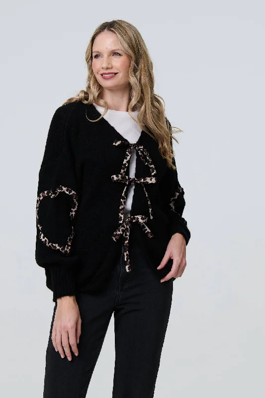 Stylish SweatersAnimal Print Trim Tie Front Cardigan