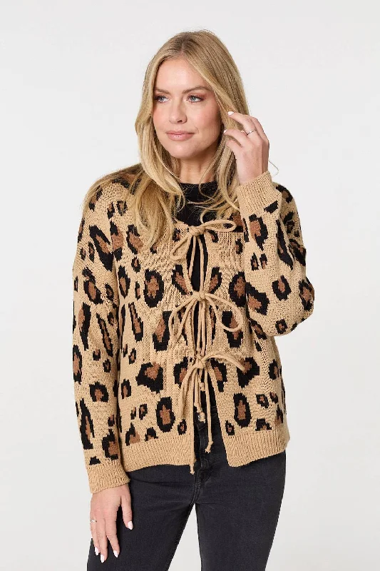 Turtle-Neck SweatersAnimal Print Tie Front Cardigan