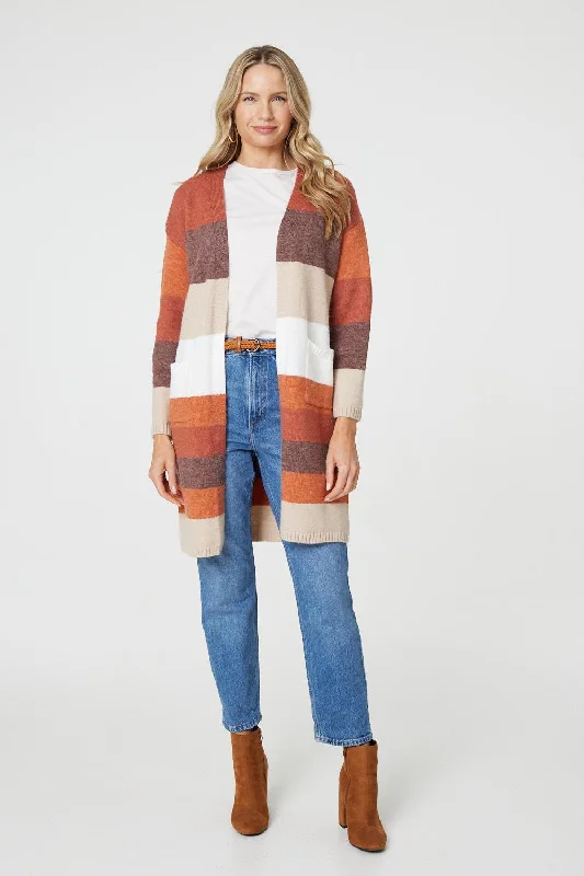 Fitted Cashmere SweatersStriped Longline Pocket Front Cardigan