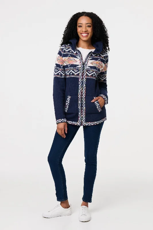 Embellished SweatersNordic Print Zip Front Cardigan