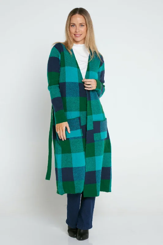 Cashmere Children's SweatersSwift Wraparound Oversized Tie Waist Cardigan - Green/Blue Check